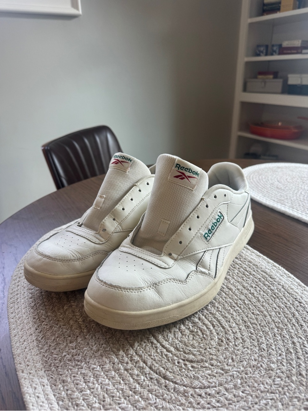 Reebok men’s  Off-White Leather Sneakers with Green Logo Detail